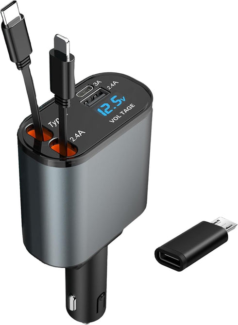 Retractable 3 in 1 Car Charger, Three in one Fast Car Phone Charger, Compatible USB C(Type-C)/Micro USB/Phone, Compatible with IP/Android/Tablets...
