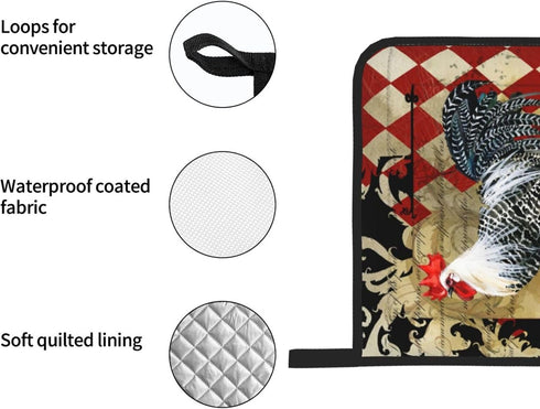 Rooster Print Oven Mitts and Pot Holders Sets with Apron 5Pcs Heat Resistant Rooster Kitchen Mitten Gloves and Non-Slip Potholders Apron Sets Oven...