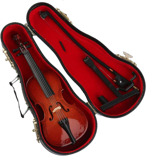 Dselvgvu Wooden Miniature Cello with Stand,Bow and Case Mini Musical Instrument Miniature Dollhouse Model Home Decoration (3.94"x1.38"x0.43")...