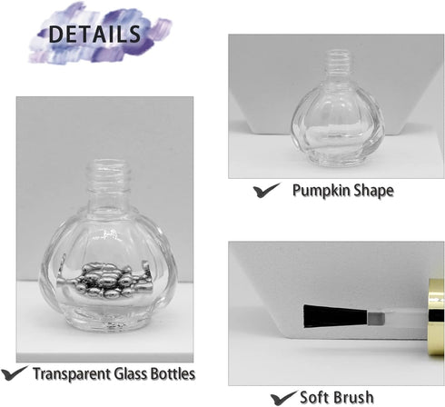 Empty Nail Polish Bottles Gold Top, 6PCS 10ML Empty Glass Fingernail Polish Bottles, Pumpkin Shape Refillable Clear Bottles with Funnel & Mixing B...