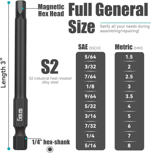20 Piece Hex Head Allen Wrench Drill Bit Set, 1/4 Inch Hex Shank Metric and SAE S2 Steel Hex Bit Set, Magnetic Tips 3 Inch Long...