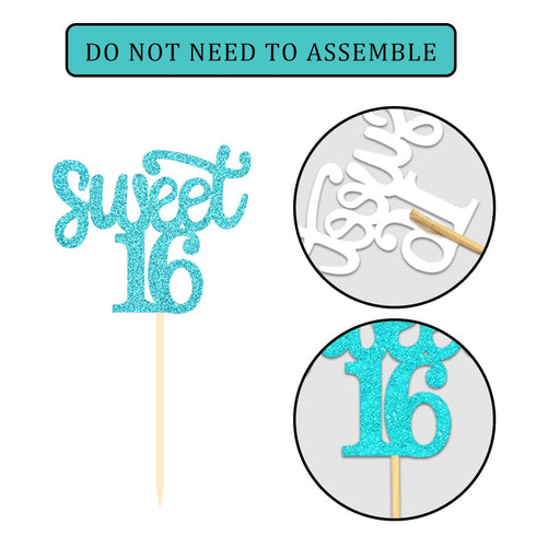 24 Pcs Sweet 16 Blue Glitter Birthday Cupcake Toppers for 16th Birthday Celebrating Party Decorations (Blue)...