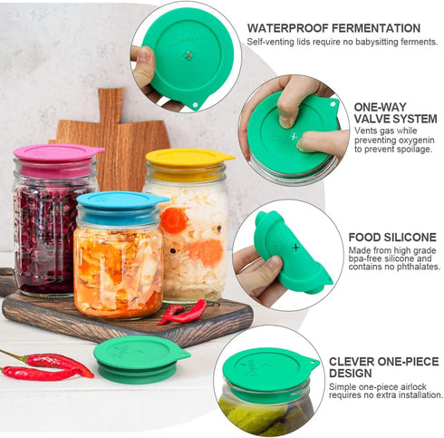 Sophico Silicone Fermenting Lids, Waterless Airlock Fermentation Tops Mason Jar Lid Fermenter Caps for Pickles, Kimchi, and Fermented Probiotic Fo...