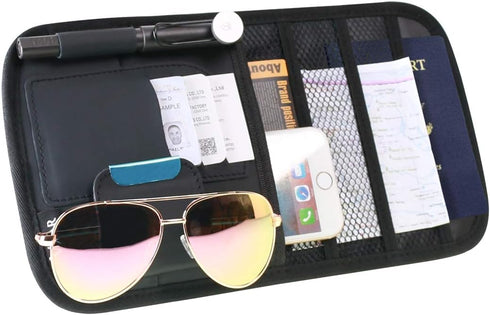 Car Sun Visor Organizer Pocket Storage Pouch Case Leather Holder Portable (Black 3 Mesh)...
