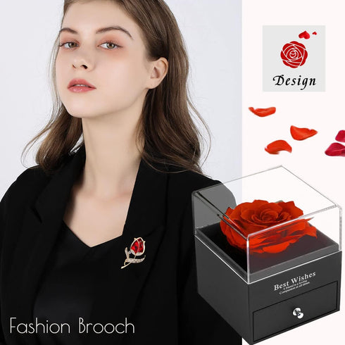 Preserved Red Rose Gift Box- Enchanted Real Rose with Ruby Rose brooch, Eternal Rose Flower in Jewelry Box, Handmade Rose,Forever Red Rose Gift fo...