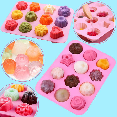 Newk Flower Heart Shape Chocolate Silicone Mold, 4 Packs 12 Cavity Candy Baking Mold for Parties, Festival and DIY Crafts - Green, Blue, Pink, Ora...