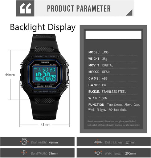 Men Outdoor Sport Digital Watch 5Bar Waterproof Alarm Back Light LED Fashion Chronograph Wristwatches...