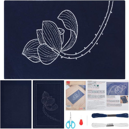 FREEBLOSS Sashiko Tea Mat DIY Sashiko Kit with Instructions Sashiko Kit for Beginners 12.2 * 6.7'' Lotus Sashiko Japanese Needlework Kit for House...