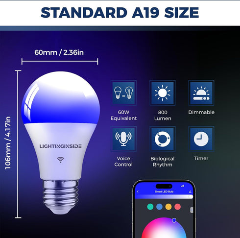 Smart Light Bulbs 60W Equivalent, 800LM 9W WiFi Smart Bulb Compatible with Alexa/Google Assistant, A19 E26 Smart Light Bulb No Hub Required, 2.4GH...
