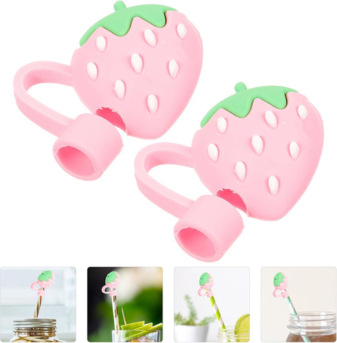 Pink Cute Strawberries Cartoon Straw Silicone Straw Plug, Straws Decorative Cap Staw Tips Bottle Accessories?Drinking Straw Dispensers?Kitchen Ute...