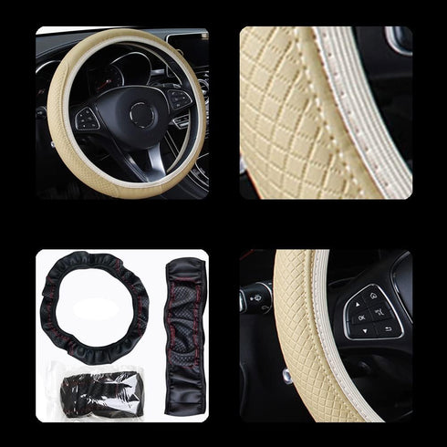 VARGTR Leather Car Steering Wheel Cover,Universal Fits15 Inch Steering Wheel,Breathable, Non-Slip,Elastic Steering Wheel Protector,Automotive Stee...