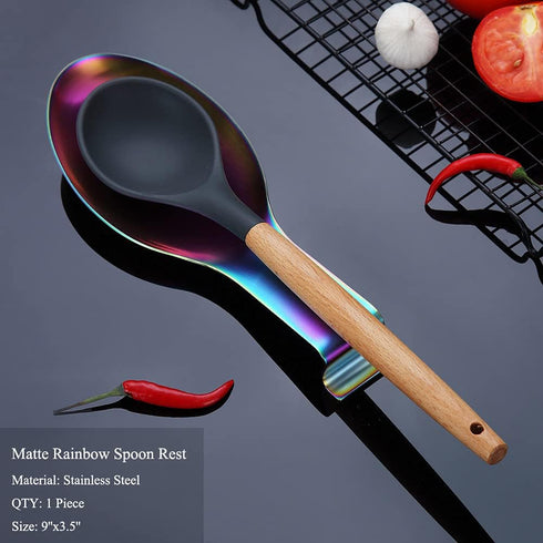 Matte Rainbow Spoon Rest, Stainless Steel Holder for Stove Top, Kitchen Utensils for Ladles, Tongs, Spatula, Pot Lid, Dishwasher Safe (1PC-9.5 Inc...