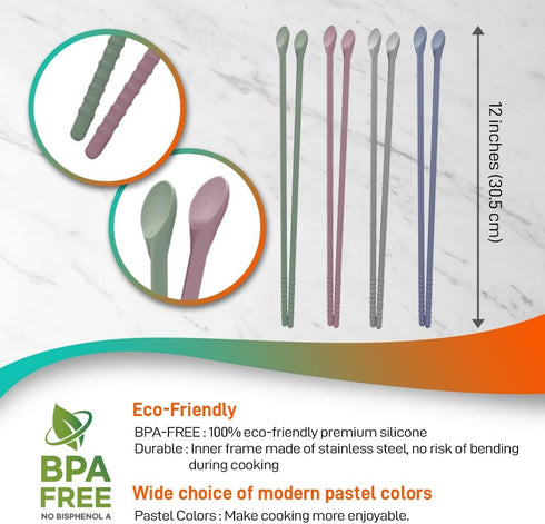 Reusable Long Silicone Cooking Chopsticks with Spoon 12 Inches Dishwasher Safe BPA-free Non-Slip Pastel Color Kitchen utensils Made in Korea (Past...