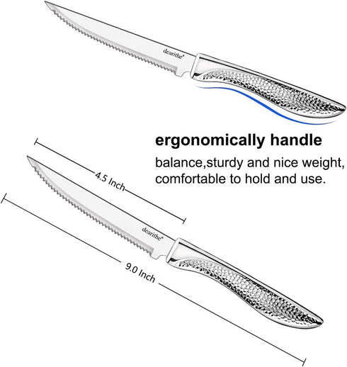 Steak Knives Set of 4, Stainless Steel Serrated Sharp Blade Flatware Steak Knife Set, Hammered Pattern Hollowed Handle,4.5 In,For Kitchen Restaura...