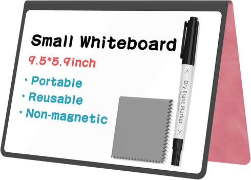 Portable Dry Erase Board,Reusable Whiteboard Notebook, Double-Sided White board PU cover 9.5"x6.6" with marker,wipe cloth (Pink)...
