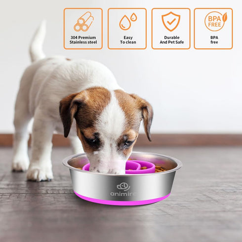 2-in-1 Metal Dog Bowl with Slow Feeder Insert, Stainless Steel Dog Bowls Food Grade 304, Water Food Bowl with Anti-Slip Silicone Base for Small & ...
