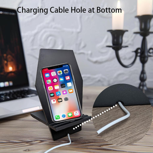 Unique Coffin Cell Phone Stand with Cool Engraved Skeleton for Halloween Goth Office Desk Accessories Supplies - Spooky Phone Holder for iPhone Ip...