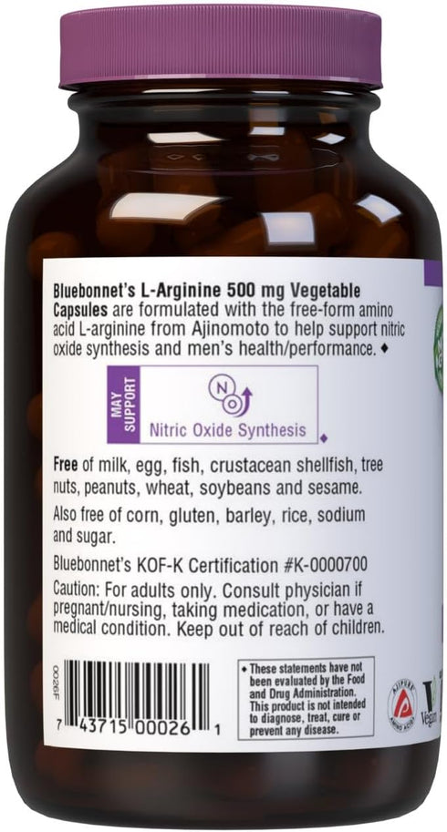 Bluebonnet Nutrition L-Arginine 500mg, Free-Form Amino Acid, Nitric Oxide Precursor*, Soy-Free, Gluten-Free, Non-GMO, Kosher Certified, Vegan, 100...