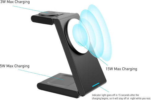 Wireless 3-in-1 Magnetic Charging Station, Qi Certified15W MagSafe-Compatible Wireless Charger Stand, Foldable Charger for iPhone 15/14, AirPods, ...