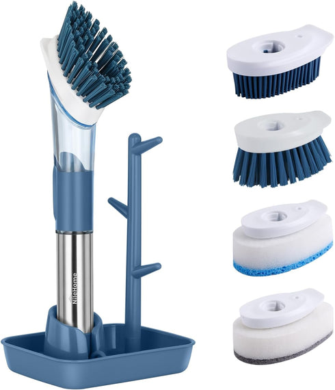 NileHome Soap Dispensing Dish Brush Set, Dish Scrubber with 4 Replaceable Heads Dish Brush with Handle for Pot Pan Sink Cleaning...