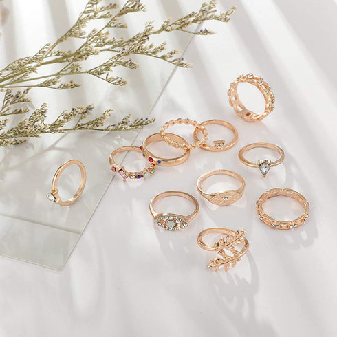 Missgrace Stackable Dainty Gold Color Boho Rhinestones Rings Set Festival Bohemian Rings Set Beach and Vacation Summer Jewelry Knuckle Rings Triba...