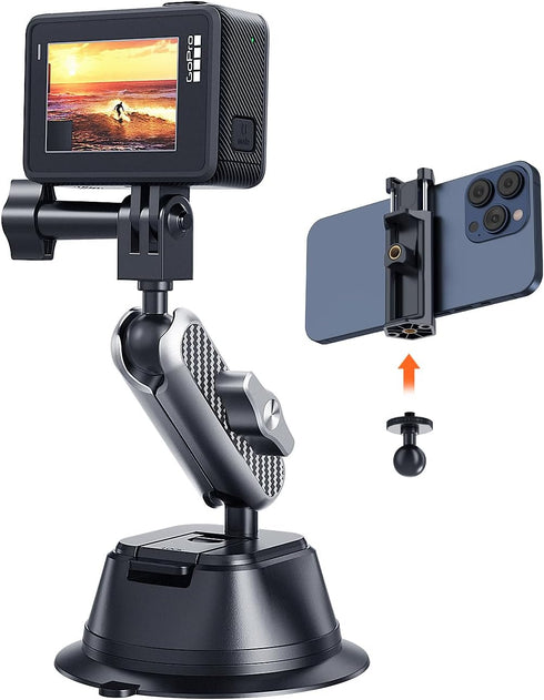 Suction Cup Mount for Gopro iPhone, Anti-Shake Metal Arm Car Camera Mount with 1/4 Thread & Phone Holder, Car Boat Windshield Window VLOG/Video Ho...
