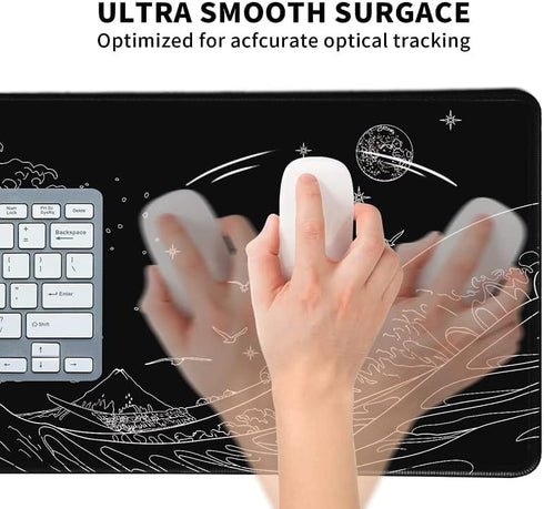 Black Gaming Laptop Mouse Pad,Sea Wave Big Mice Pads PC Keyboard Waterproof and Non-Slip 31.5 x 11.8inches 3mm Thick XL,XXL Rubber Table Mat, Kana...