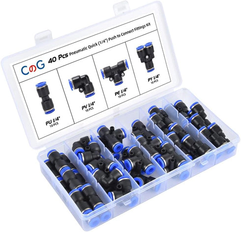40Pcs Quick Connect Air Hose Fittings 1/4 inch OD 10 Spliters+10 Elbows+10 tee+10 Straight Quick Release Pneumatic Push to Connect Fittings Kit Ai...