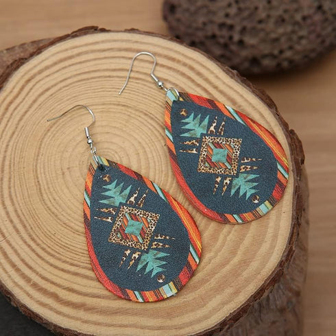 Western Cowboy Earrings Set Boho Aztec Pattern Leather Earrings for Women Boho Vintage Handmade Bohemian Turquoise Jewelry Cow Print Leather Teard...