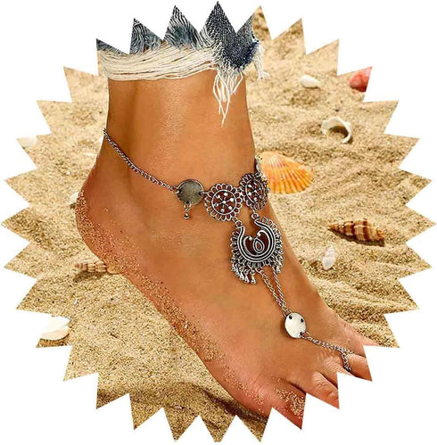 Boho Disc Barefoot Sandals Anklets Bracelet Silver Disc Ankle Bracelet Tribal Tassel Toe Chain Anklet Summer Beach Ankle Chain Foot Jewelry for Wo...