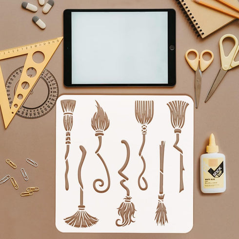 FINGERINSPIRE Witch Brooms Painting Stencil 11.8x11.8 inch Large Broomsticks Drawing Template Plastic PET Magic Brooms Stencil for Painting Hollow...