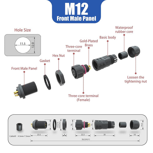 AOHUA M12 Waterproof Connector IP68 Outdoor Electrical Plug Wire to Panel, Front Male Panel Mount for 2 Or 3-pin Cables Ø 4.5-7.5mm UL Certificati...