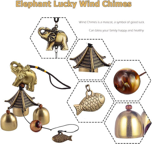 Hooshing Elephant Wind Chimes Metal Bronze Bells Feng Shui Wind Chimes for Lucky Outdoor Garden Patio Hanging Decor Gift...