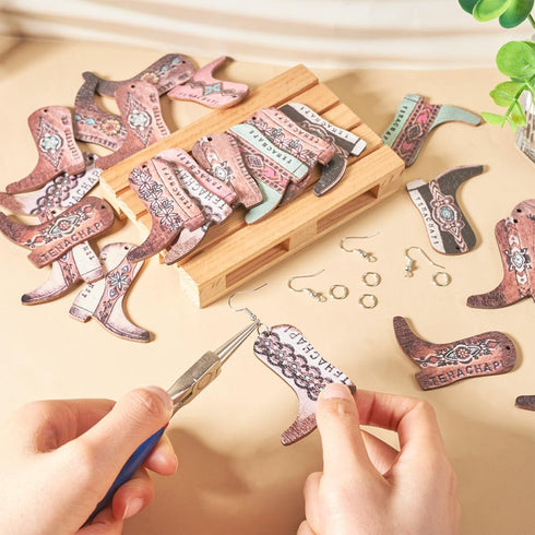 KISSITTY Wood Earring Making Kit 22Pcs Printed Cowboy Boot Wood Pendants Western Cowboy Boot Shape Wood Dangle Charms with 20Pcs Earring Hooks 20P...