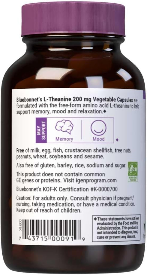 Bluebonnet Nutrition L-Theanine 200mg, Free-Form Amino Acid, Promotes Relaxation*, Soy-Free, Gluten-Free, Non-GMO, Kosher Certified, Vegan, 60 Veg...