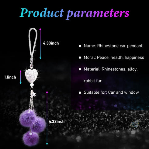 Bling Heart Diamond Car Hanging Accessories, Bling Love Heart and Cute Plush Balls, Crystal Car Rear View Mirror Charms for Women, Lucky Hanging P...