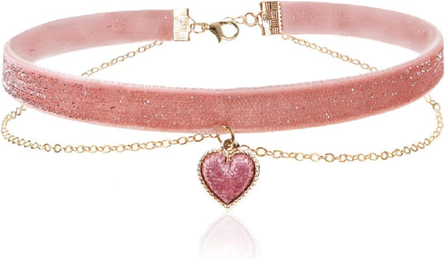 2Pcs Bling Bling Velvet Choker Necklace Set with Heart Pendant - Romantic Pastel Pink and Mint Green - Adjustable Collars for Women...