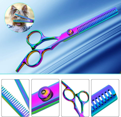 Safety Round-tip Scissors Set Professional PET Dog Grooming Coated Titanium Scissors Suit Cutting&Curved&Thinning Shears (Rainbow)...