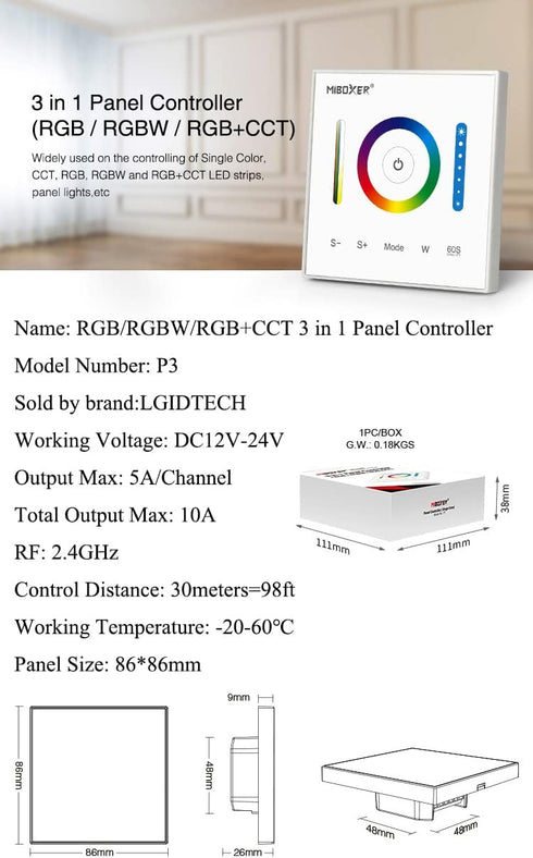 LGIDTECH P3 Miboxer Wall-Mounted Full Touch Panel Controller for 3528 5050 2835 RGB RGBW RGB+CCT Dimmable Color Changing LED Strip Lighting DC 12-...