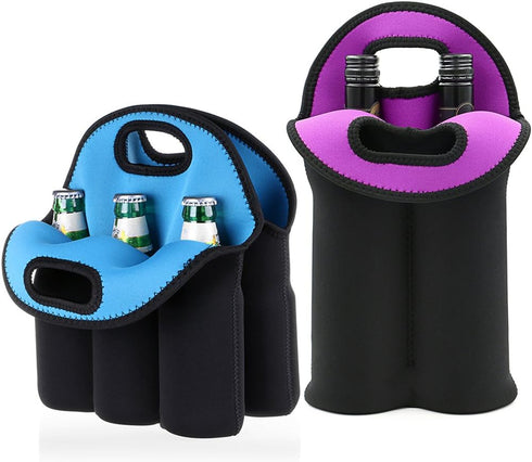 Hipiwe Set of 2 - Insulated Neoprene Wine Carrier Tote Bag + 6 Pack Beer Water Can Carrier Tote Bottle Holder Bottle Cooler Bag - Perfect for Trav...