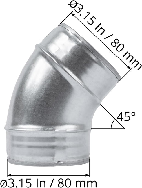 3" Inch 45? Degree Galvanized Steel Duct Elbow - Pressed Industrial Connector Bend - Ventilation Pipe Fitting - Dryer, Exhaust, Extractor Hood Air...