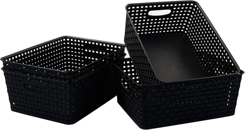 Asking 4-Pack Plastic Weave Storage Basket, Black Plastic Storage Baskets Organizing...
