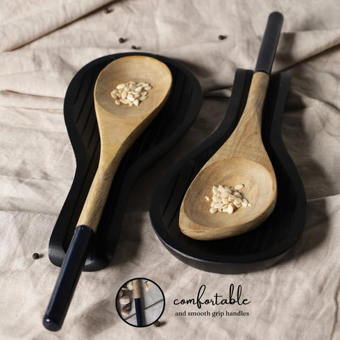 The Art Box Wooden Cooking Spoon Utensils Set of 5 - Kitchen Serving Tools Non-Stick Cookware 12 Inch Wooden Fork, Corner Spoon, Slotted Turner, S...