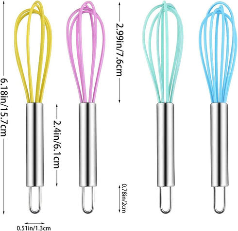 4 Pack Colorful Mini Silicone Kitchen Whisks with Stainless Steel Handles for Milk Egg Blending Stirring Whisking and Beating(4 Colors,6 Inches)...