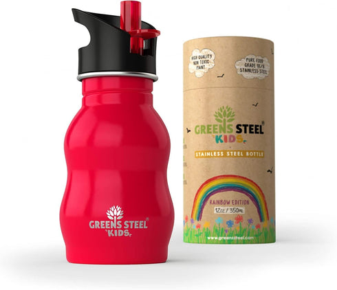 Kids Water Bottle with Straw & Handle, 12 oz Red - Eco Friendly Toddler Cups with Straws - Easy Sip Metal Water Bottle for Kids - Cute Stainless S...