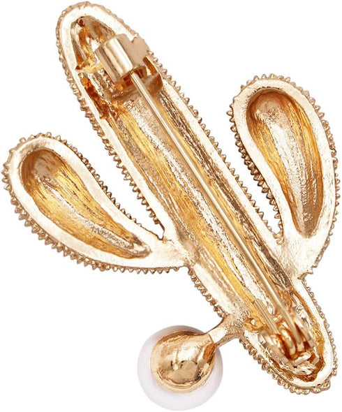 Rosemarie & Jubalee Women's Whimsical Gold Tone Crystal And Pearl Adorned Green Enamel Cactus Statement Brooch Pin...