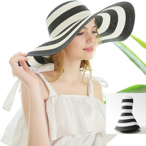 Womens Sun Straw Hat Wide Brim Sun Hat Sun Protection Straw Hat UV Foldable Roll Up Floppy Beach Cap Black and White...