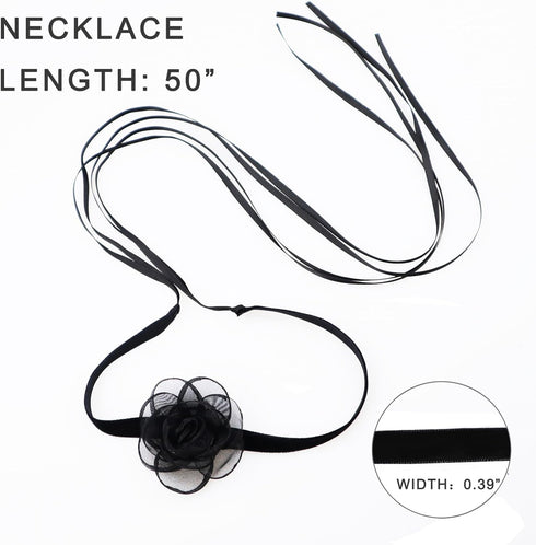 Black Choker Camellia Flower Lace-up Necklace For Women...