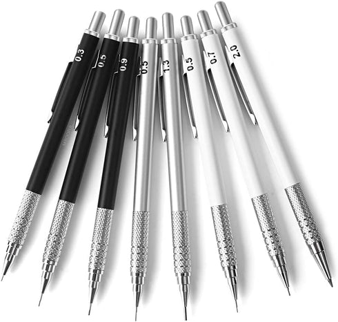 6pcs Metal Mechanical Pencil Set with Leads Refills Eraser Sharpener Storage Case 0.3 0.5 0.7 0.9 1.3 2mm Pencils Stationery Gifts Set (Silver)...