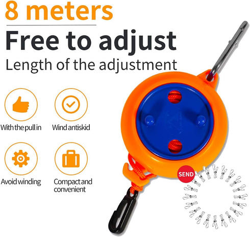 Portable Travel Clothesline Cord, Adjustable 33ft Camping Clothes line, Laundry Drying Rope for Hotel Trip,Camping,Backyard,Outdoor/Indoor,with 20...